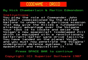 Codename Droid - Stryker's Run-Part 2 (1987)(Superior Software)[t] screen shot title